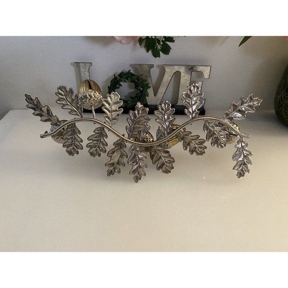 Silver & Gold Tone Horizontal Candlestick Stick Holder Leaf w Hazelnut Design - Picture 11 of 16